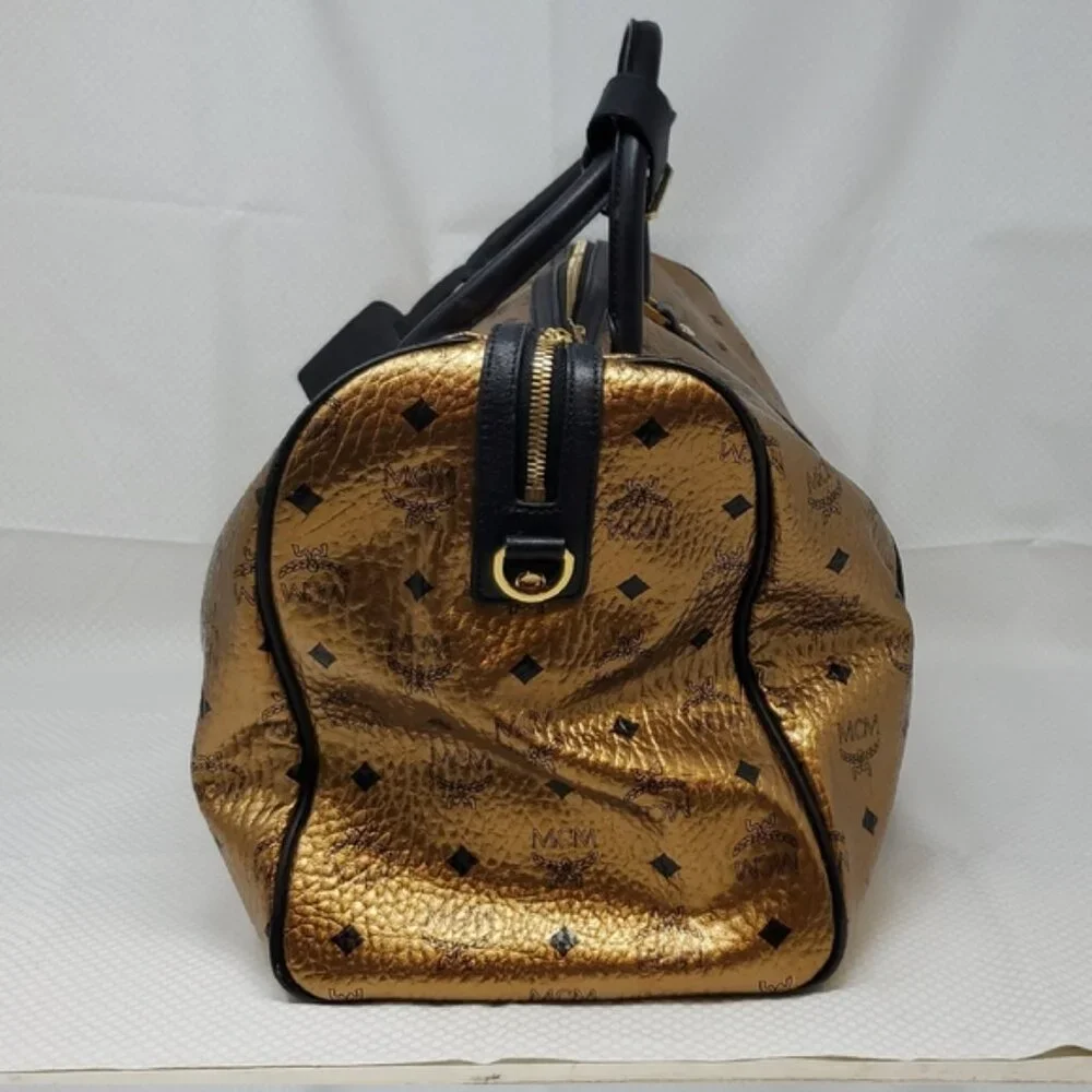 MCM Metallic Gold Weekend Duffle Duffel Coated Travel Bag Handbag